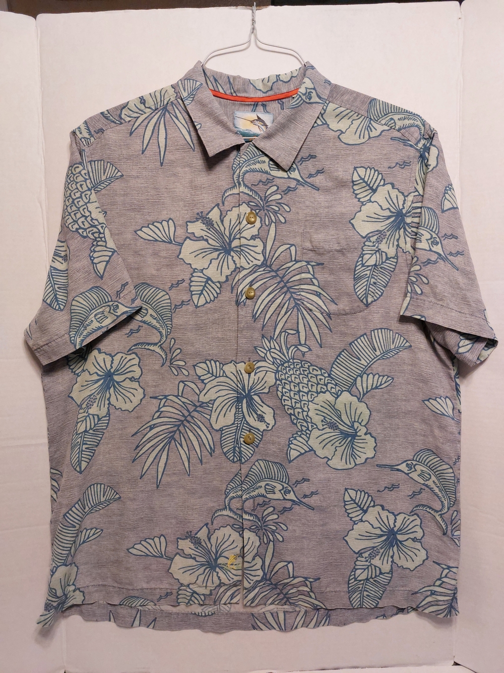 Tommy Bahama Gray Short-Sleeve Button-Down with Blue & Cream Tropical Print